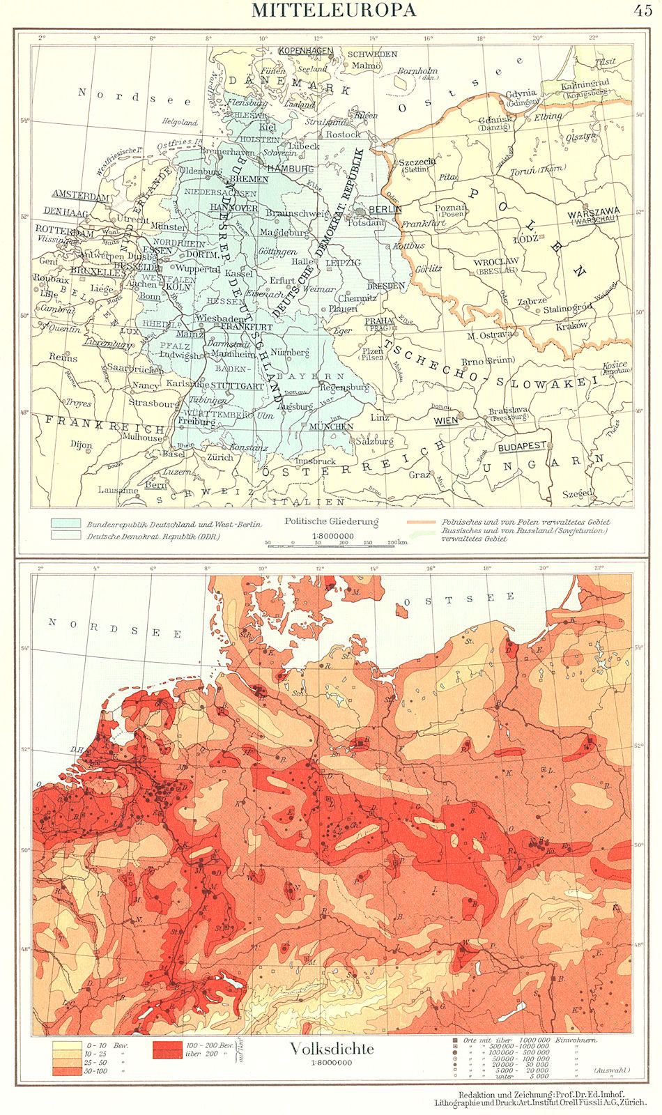 CENTRAL EUROPE.Mitteleuropa;Volksdichte population density 1958 old map